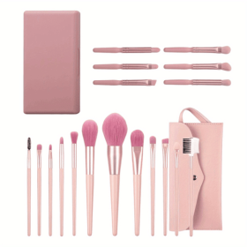 6pcs Pink mini makeup brush with Mirror - Portable eye brush set + 12PCS beginner makeup brush Set - Powder, Settings, eyeshadow, foundation brus